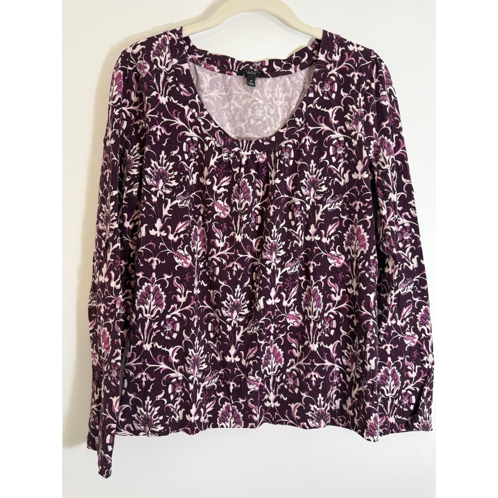 Talbots Long Sleeve Top Womens M Purple Damask Floral Excellent Cotton Stretch